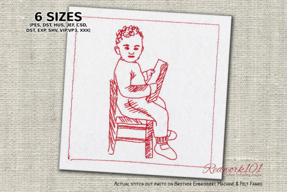 Boy Reading a Book: A Charming Embroidery Design